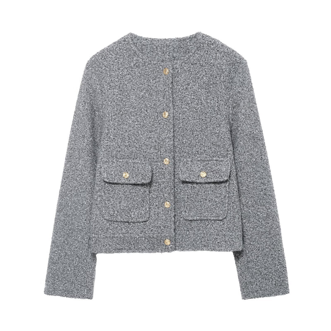 Damen Bouclé-Boxy-Jacke mit goldenen Knöpfen und aufgesetzten Taschen Echo Archiv