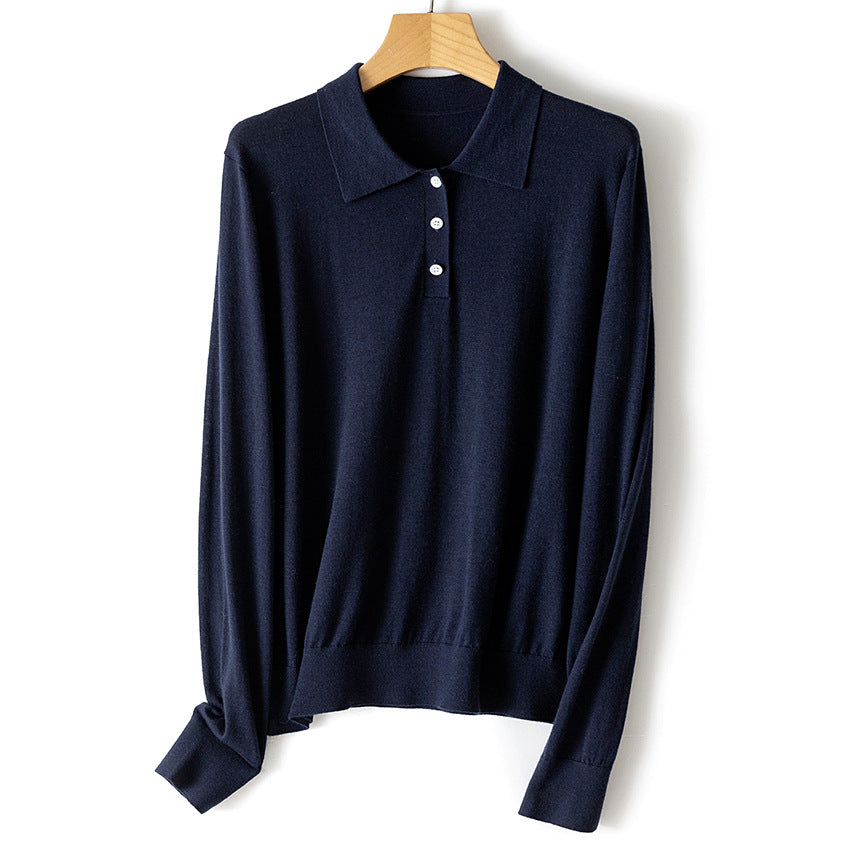 Damen Feiner Langarm-Polo-Pullover aus Feinstrick mit Knopfleiste Echoarchiv