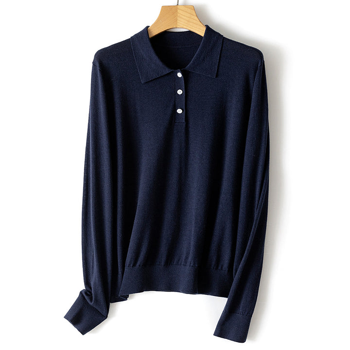 Damen Feiner Langarm-Polo-Pullover aus Feinstrick mit Knopfleiste Echoarchiv