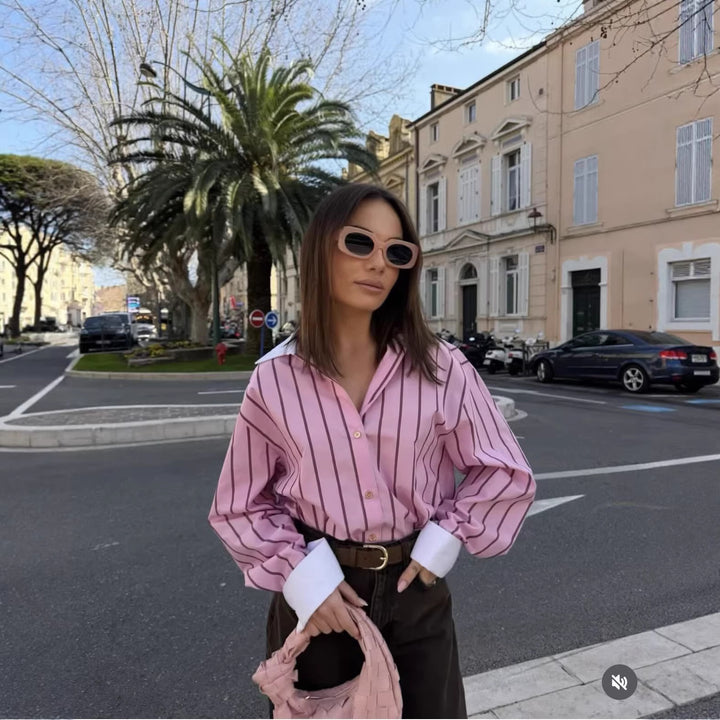 Damen Gestreifte Oversize-Bluse mit kontrastkragen und Manschetten Echoarchiv