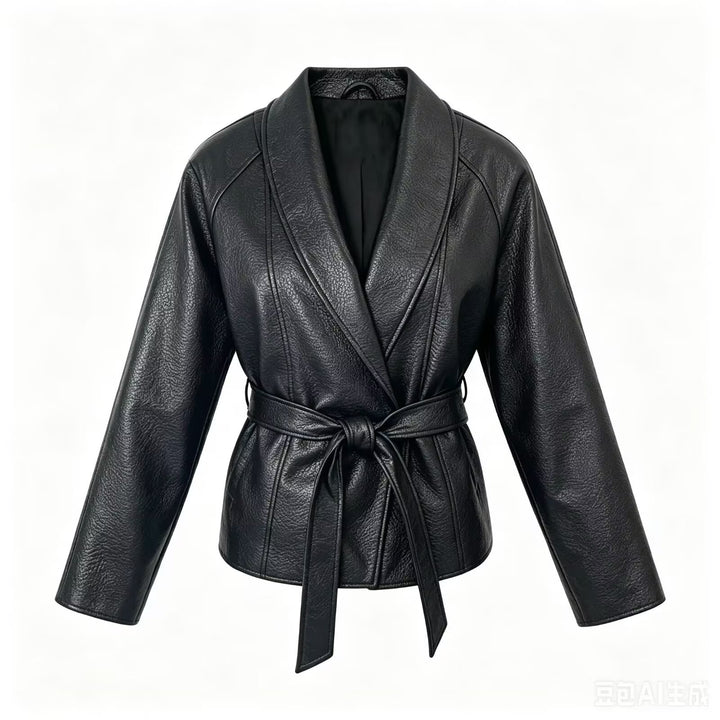 Damen Taillierte Kunstlederjacke mit Schalkragen und Bindegürtel Echo Archiv