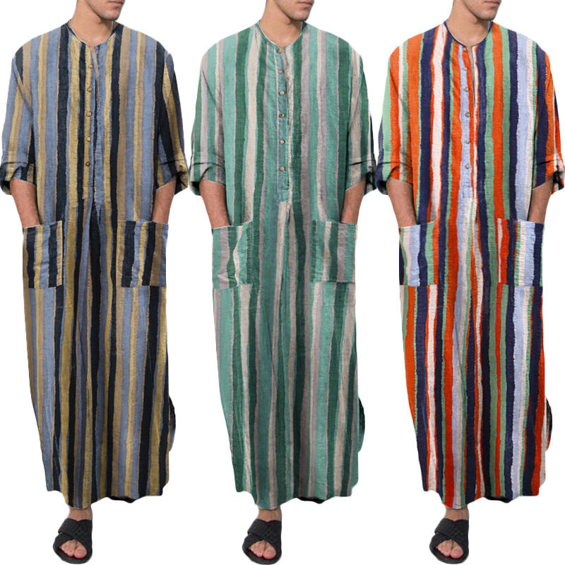 Herren nan lockerer Kaftan aus Leinenmischung mit Knopfleiste und aufgesetzten Taschen Echoarchiv