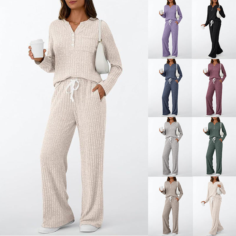 Damen Rippstrick-Lounge-Set mit Knopfleiste und weitem Kordelbund-Hose – Mavelle