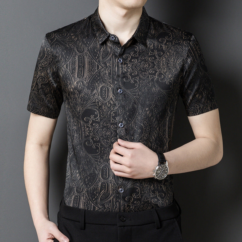 Herren Kurzarm-Hemd mit kunstvollem Design und hochwertigem Seidenmix Echoarchiv
