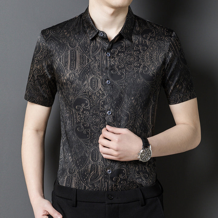 Herren Kurzarm-Hemd mit kunstvollem Design und hochwertigem Seidenmix Echoarchiv