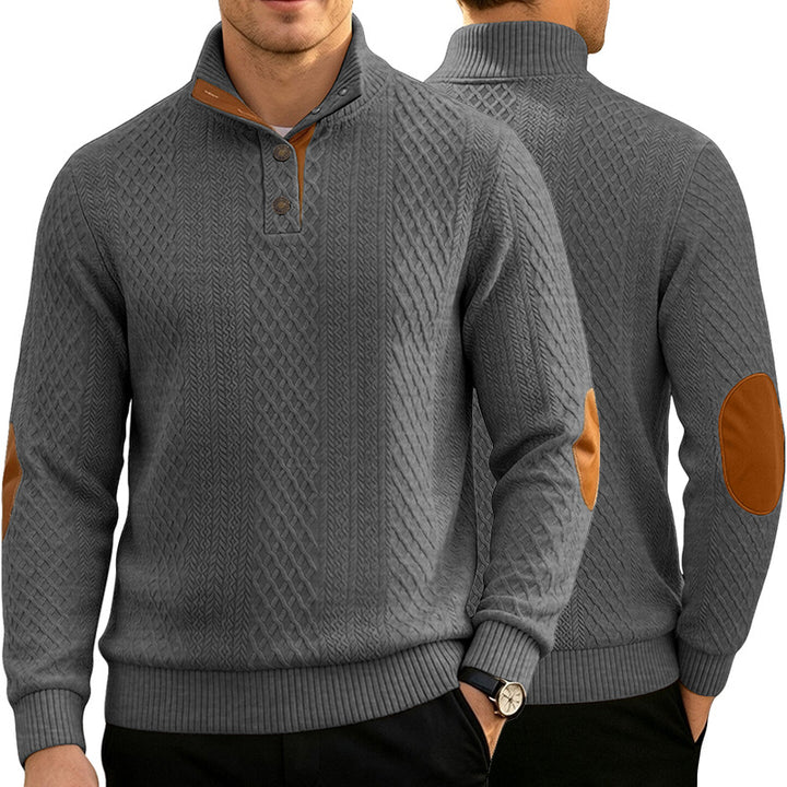 Herren Kabelstrick Troyer Pullover mit Stehkragen und Lederoptik-Ellbogen-Patches – Norvane