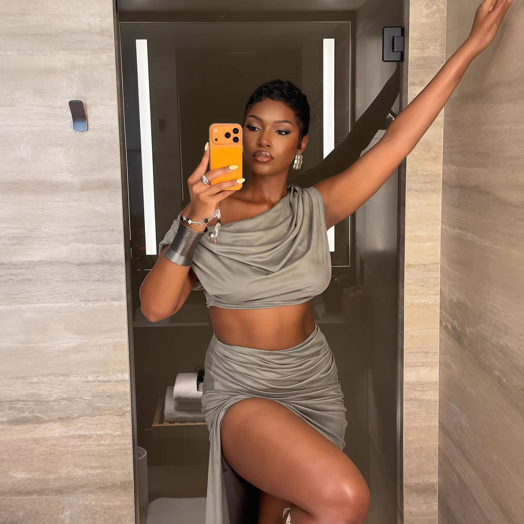 Damen Elegantes Two-Piece Set mit asymmetrischem Oberteil und gerafftem Rock Echo Archiv