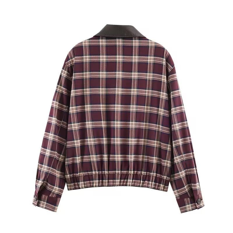Damen Karierte Blousonjacke mit kontrastierendem Lederkragen und elastischem Saum Echo Archiv