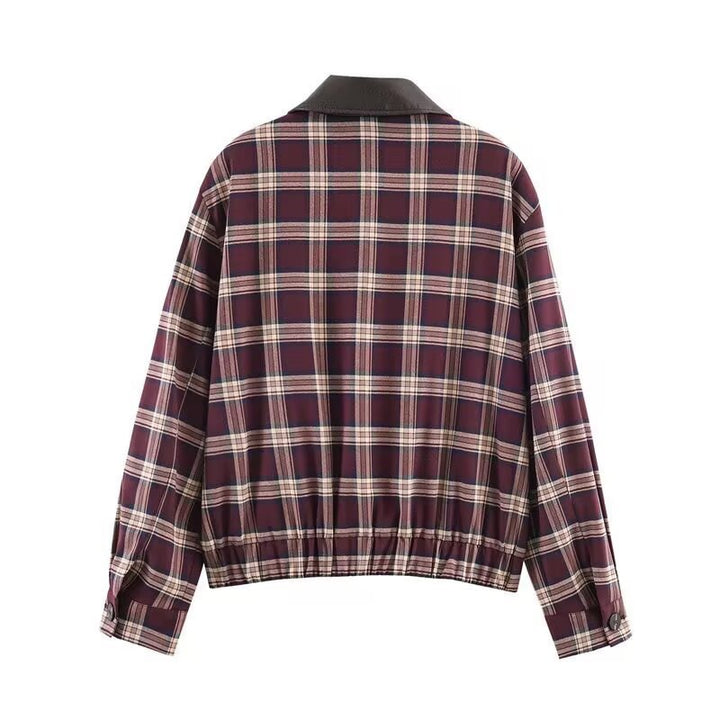 Damen Karierte Blousonjacke mit kontrastierendem Lederkragen und elastischem Saum Echo Archiv
