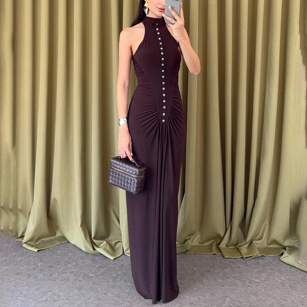 Damen Elegantes, figurbetontes Maxikleid mit hochgeschlossenem Ausschnitt und Knopfdetails Echo Archiv