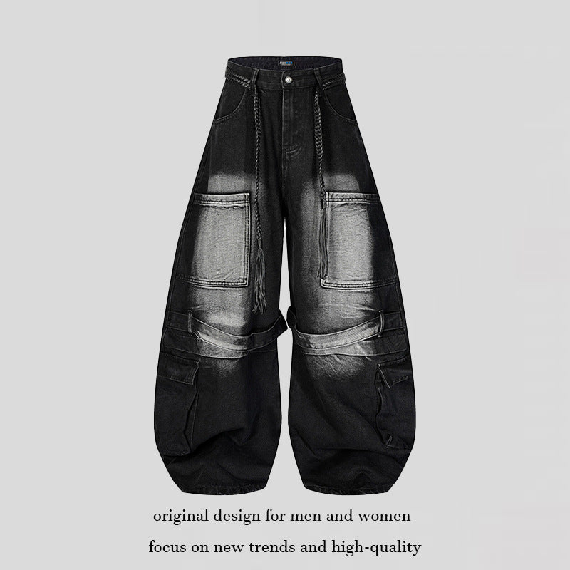 Damen Weite Denim-Cargo-Hose im Balloon-Schnitt mit großen Aufsatztaschen und geflochtenem Gürtel Echoarchiv
