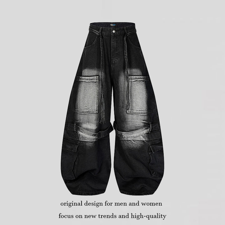 Damen Weite Denim-Cargo-Hose im Balloon-Schnitt mit großen Aufsatztaschen und geflochtenem Gürtel Echoarchiv