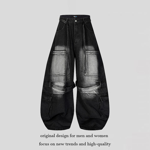 Damen Weite Denim-Cargo-Hose im Balloon-Schnitt mit großen Aufsatztaschen und geflochtenem Gürtel Echoarchiv