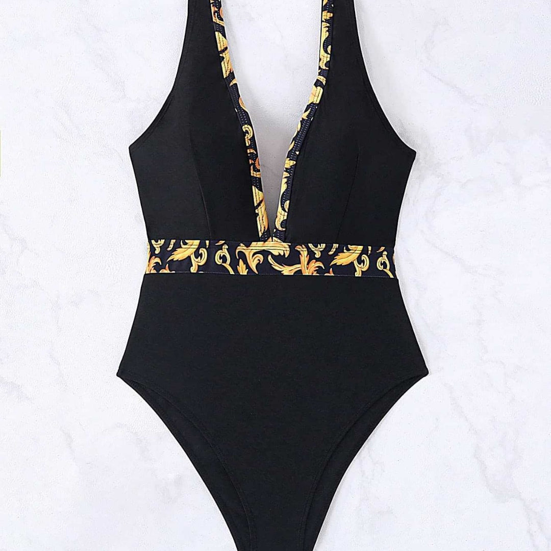 Damen Einteiliger Badeanzug mit tiefem V-Ausschnitt und eleganter Gürtel-Detail Echo Archiv