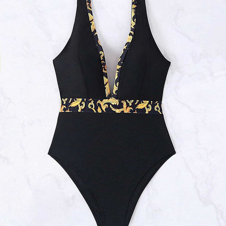 Damen Einteiliger Badeanzug mit tiefem V-Ausschnitt und eleganter Gürtel-Detail Echo Archiv