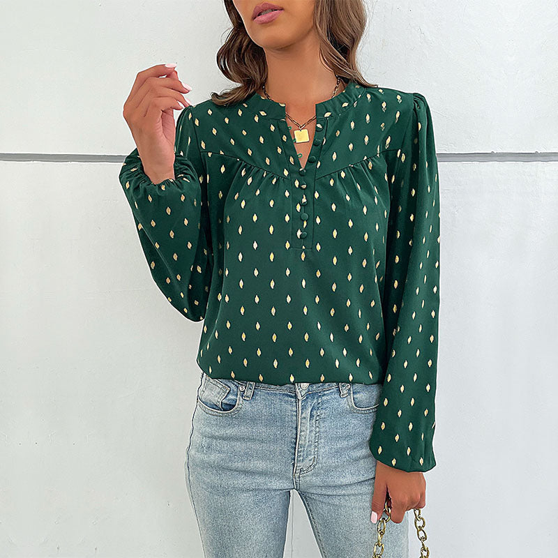Damen Leichte Viskose-Bluse mit Stehkragen, Knopfleiste und feinem Tropfenprint Echoarchiv