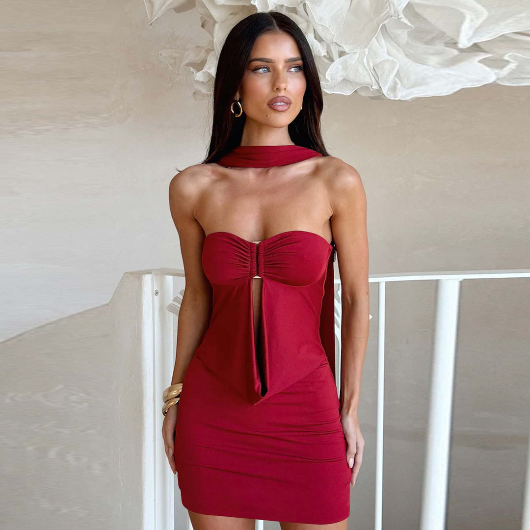 Damen figurbetontes schulterfreies Minikleid mit raffiniertem Knotendetail Echo Archiv