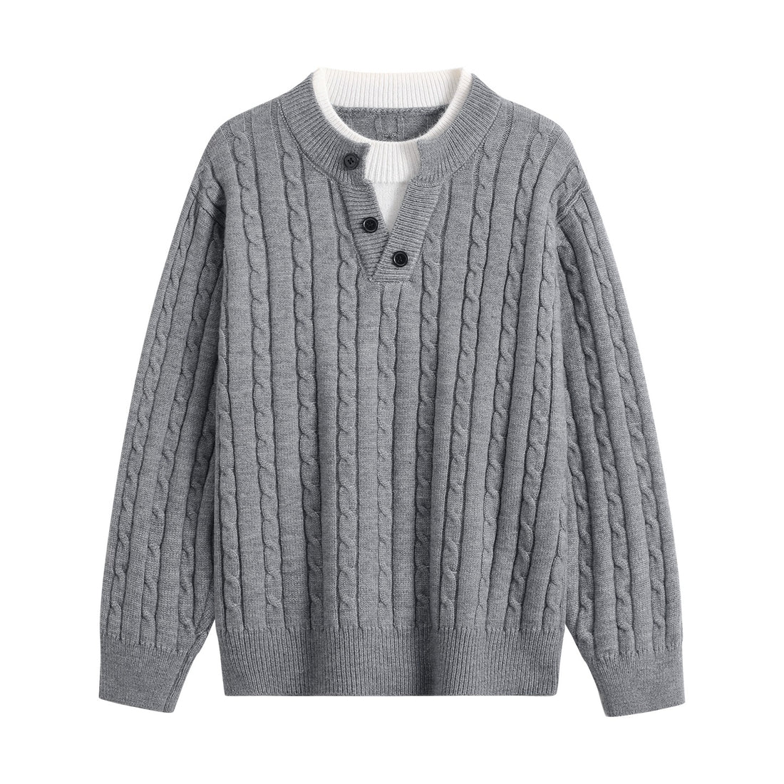 Damen Oversize Zopfstrick-Pullover mit Henley‑Kragen und Kontrastinnenkragen Echoarchiv