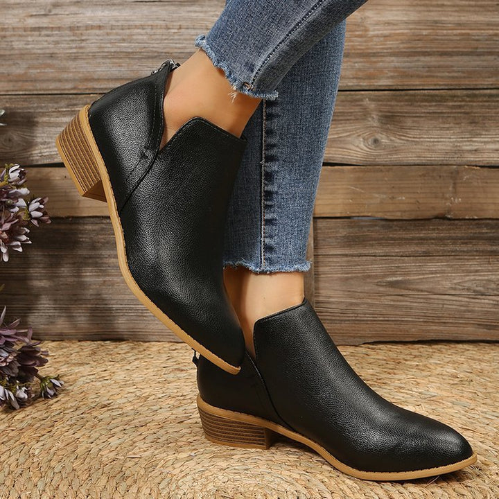 Damen Metallic-Ankleboots mit spitzer Kappe, Rückreißverschluss und niedrigem Blockabsatz Echoarchiv