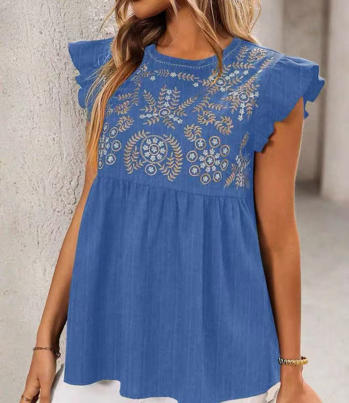 Damen Lockeres besticktes Babydoll-Top mit Rüschenärmeln Echo Archiv