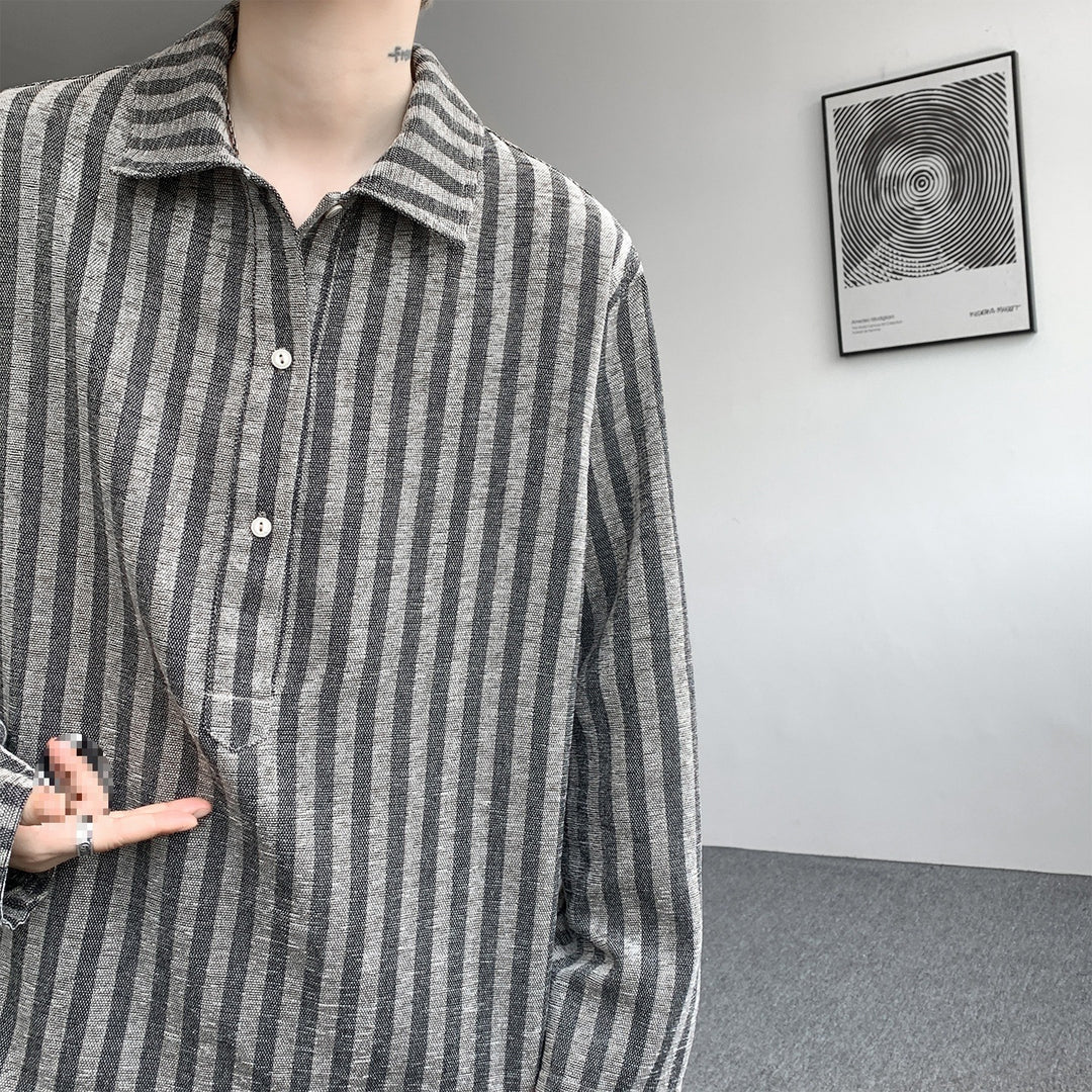 Herren Oversize Langarm-Hemd mit Polokragen, gestreifter Struktur & halber Knopfleiste Echoarchiv