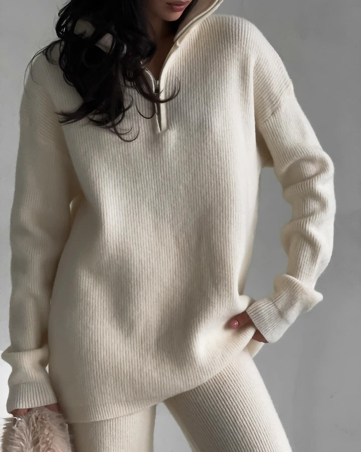 Damen nan geripptes Strick-Lounge-Set mit Halbzip-Pullover und hochgeschnittener Leggings Echo Archiv