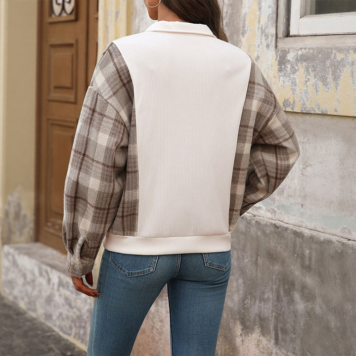 Damen Sweatshirt mit Stehkragen, Druckknopfleiste und karierten Flanellärmeln Echoarchiv