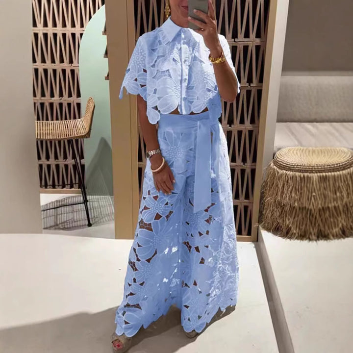 Damen nan zweiteiliges Spitzenensemble mit bauchfreier Bluse und weiter Palazzohose Echo Archiv
