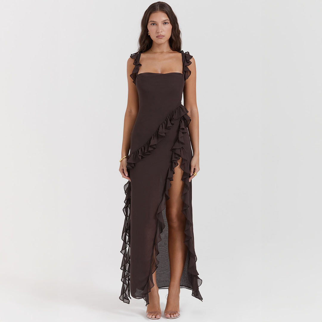 Damen asymmetrisches Maxi-Kleid mit Rüschendetails und hohem Schlitz Echo Archiv