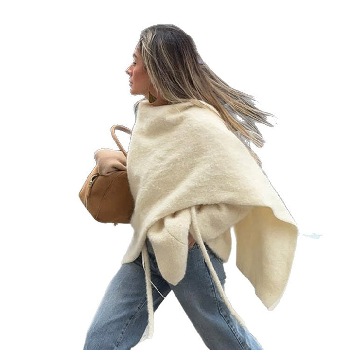 Damen Oversize Wollmix-Poncho mit asymmetrischem Fall und Bindebändern Echoarchiv
