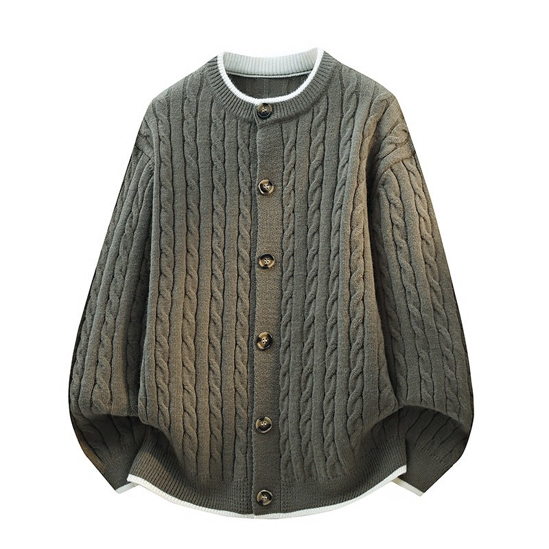 Damen Oversize Zopfstrick-Cardigan mit Rundhalsausschnitt, Holzknopfleiste & Kontrastbesatz Echoarchiv