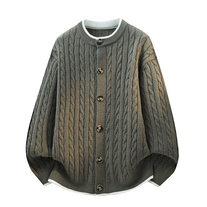 Damen Oversize Zopfstrick-Cardigan mit Rundhalsausschnitt, Holzknopfleiste & Kontrastbesatz Echoarchiv