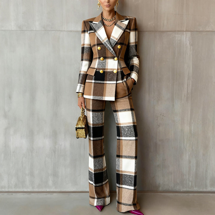Damen Karo-Hosenanzug im Zweiteiler mit tailliertem Doppelreiher und weitem Bein – Avélisse