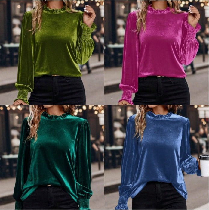Damen Samtbluse mit Rüschenkragen, Ballonärmeln und Stretch-Smock-Bündchen – Élovi