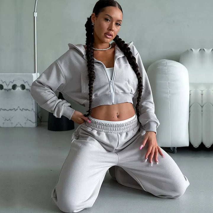 Damen kurzes Zip-Kapuzensweatshirt mit tailliertem Bündchen und weitem High‑Waist French‑Terry Jogginghose Set – Auréline