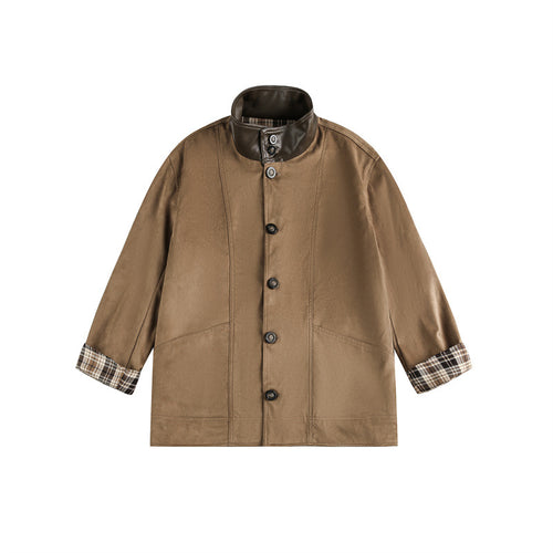 Herren Kurz geschnittener Fieldblouson im Vintage‑Workwear‑Stil mit Lederimitat‑Stehkragen und karierter Innenfütterung Echoarchiv