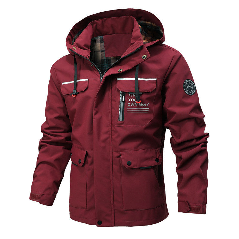 Herren Multitaschen-Softshell-Parka mit Kapuze und kariertem Innenfutter Echoarchiv