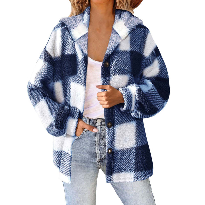 Damen nan kuschelige karierte Teddyjacke mit Kapuze, Knopfverschluss und oversized Schnitt Echo Archiv