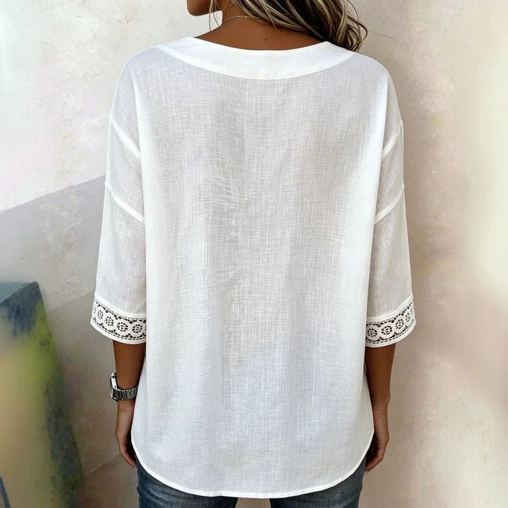 Damen Leichte V-Ausschnitt-Bluse mit Zierknopfleiste und Häkelspitzenärmeln Echoarchiv