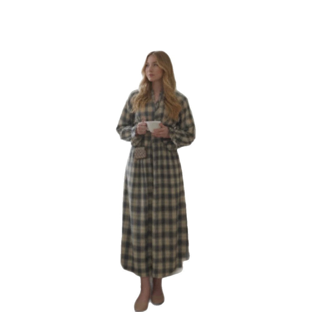Damen Maxikleid im Karierten Hemdblusenstil mit Taillengürtel und Rüschenmanschetten Echoarchiv