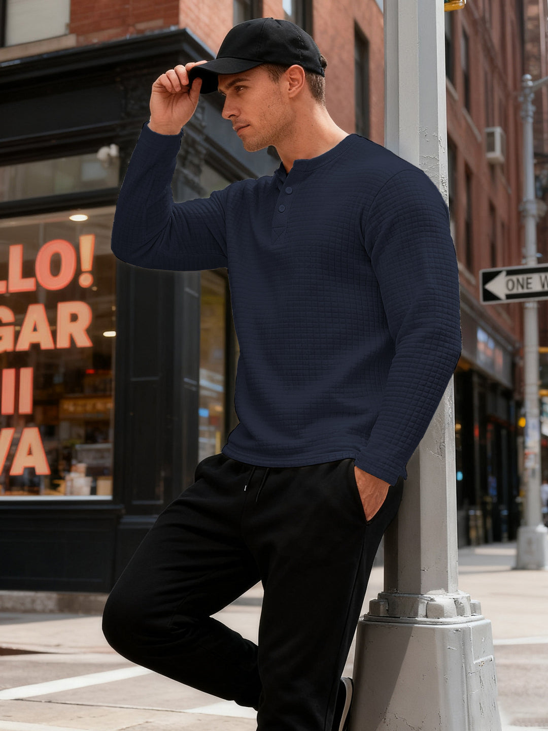 Herren nan strukturiertes Henley-Langarmshirt aus Waffelstrick mit Stehkragen und schmaler Silhouette Echo Archiv