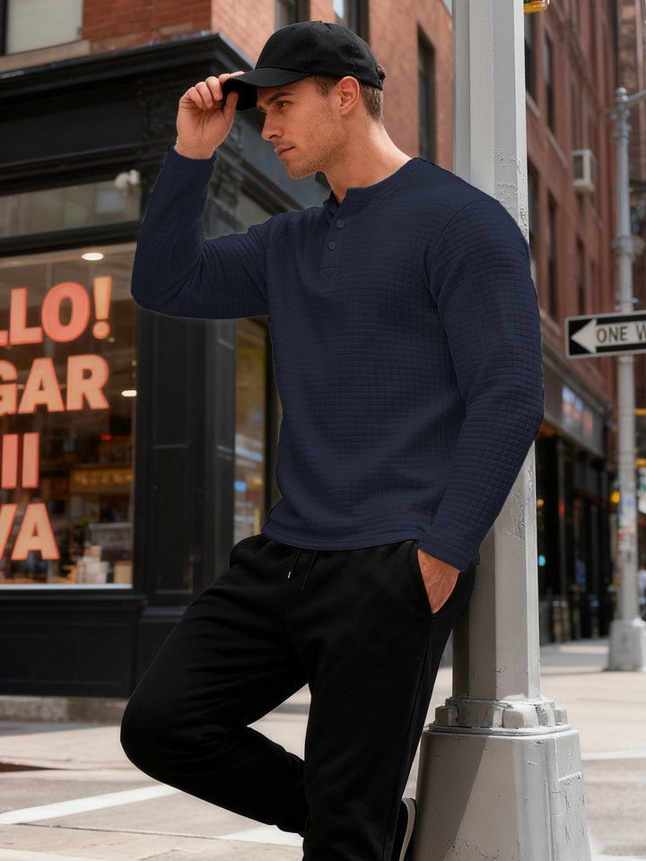 Herren nan strukturiertes Henley-Langarmshirt aus Waffelstrick mit Stehkragen und schmaler Silhouette Echo Archiv