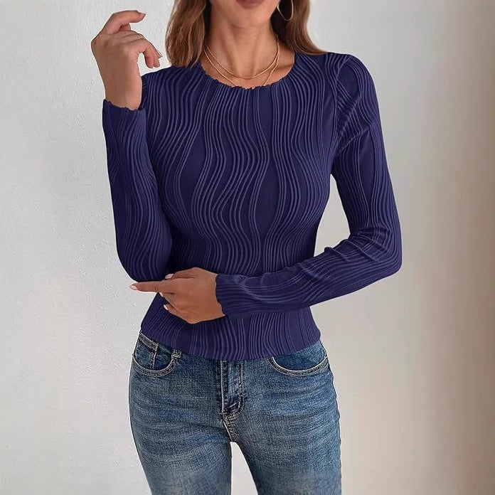 Damen nan figurbetontes Rippstrick-Longsleeve mit Wellendetail und Rundhalsausschnitt Echo Archiv