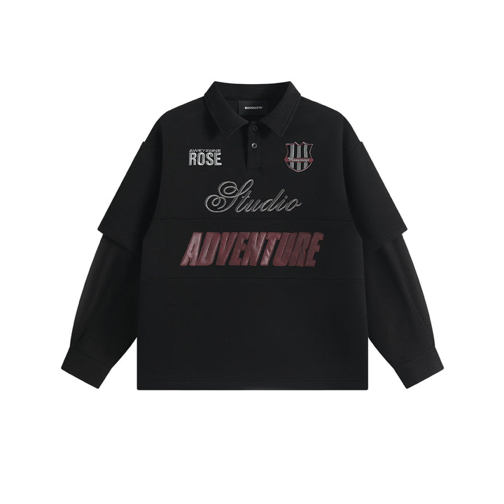 Damen Lagenlook-Sweatshirt mit Polokragen und aufgesetzten Stick-Patches Echoarchiv