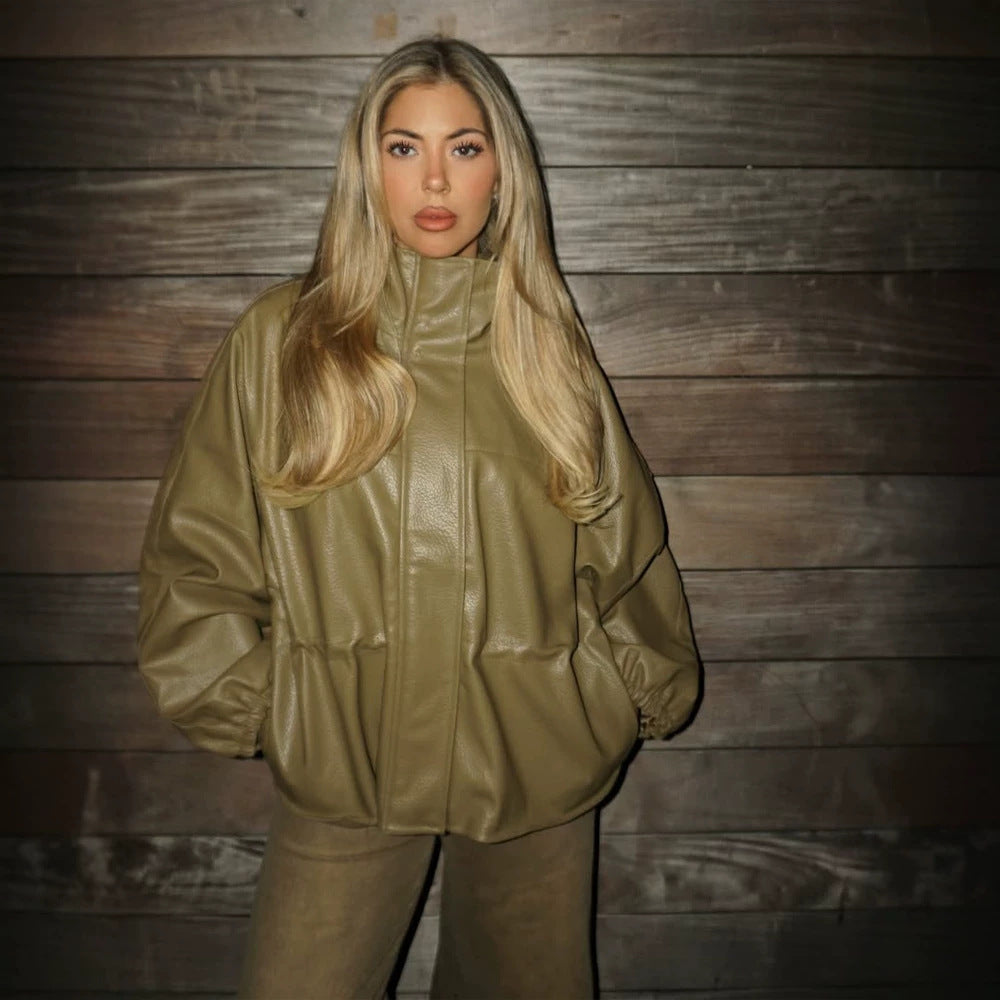 Damen Boxy Kunstlederjacke mit hohem Stehkragen, Tunnelzug-Taillierung und Ballonärmeln Echoarchiv