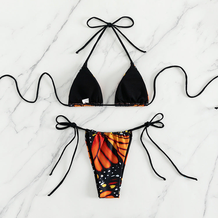 Damen Triangel-Bikini mit buntem Schmetterlingsmuster und verstellbaren Bindebändern Echo Archiv