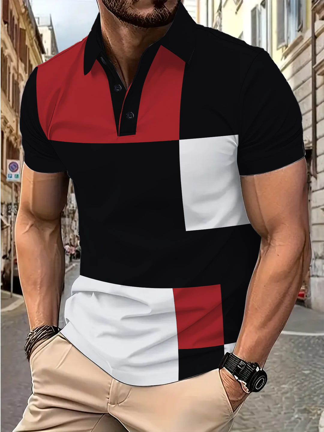 Herren Poloshirt mit kreativem Blockdesign und atmungsaktiver Textur Echoarchiv