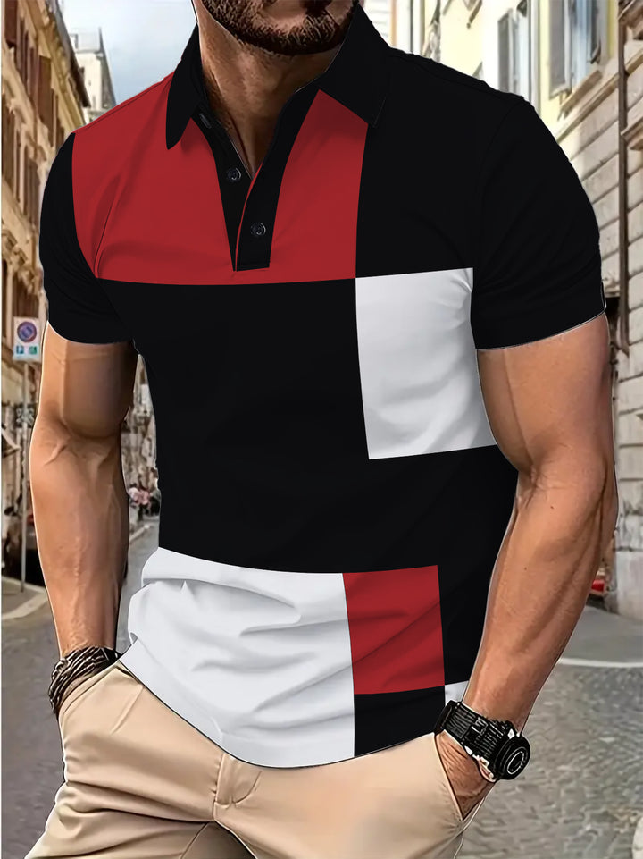 Herren Poloshirt mit kreativem Blockdesign und atmungsaktiver Textur Echoarchiv
