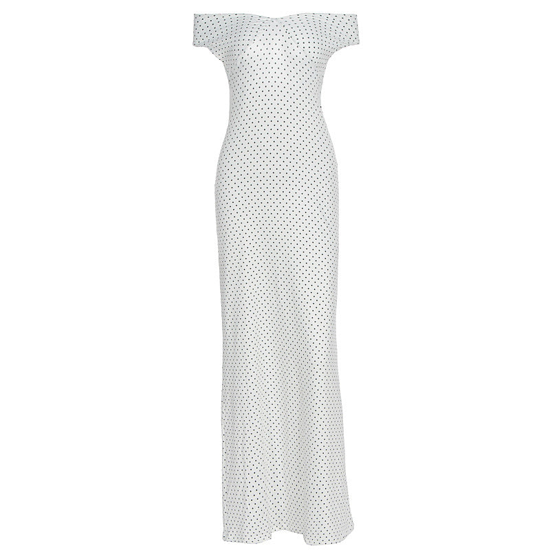 Damen Elegantes Maxikleid mit schulterfreiem Design und punktuellem Muster Echo Archiv