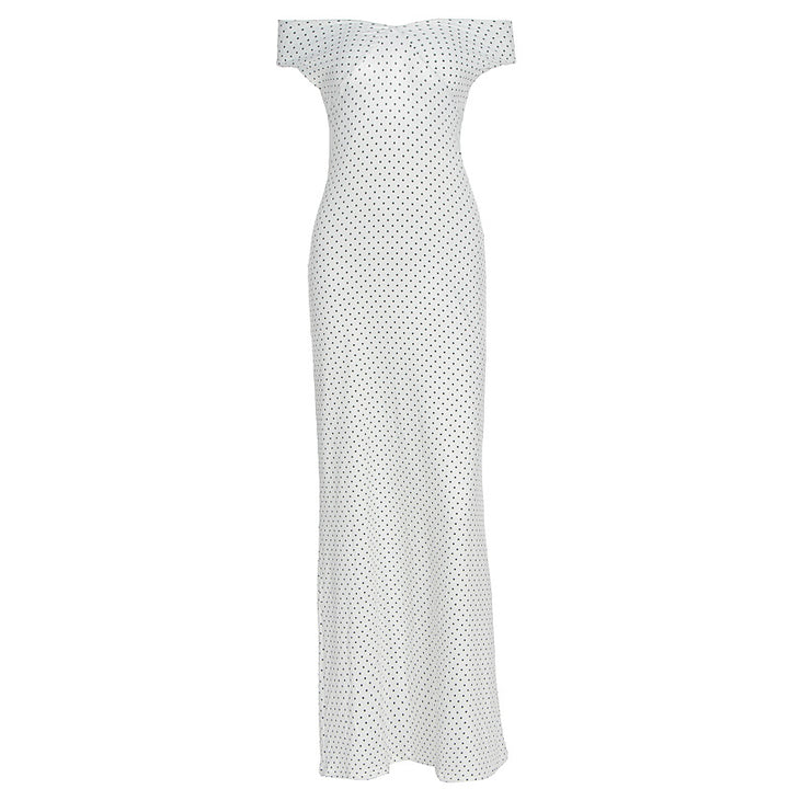 Damen Elegantes Maxikleid mit schulterfreiem Design und punktuellem Muster Echo Archiv